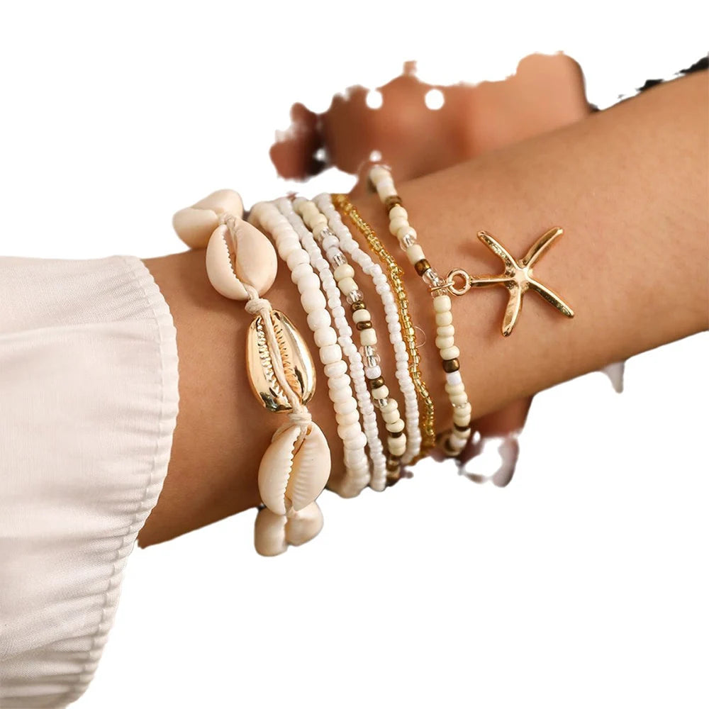 7 PCS Beach Style Shell Charms Rope Bracelet Seed Bead Strand Bracelet For Women Ocean Summer Stackable Bracelets
