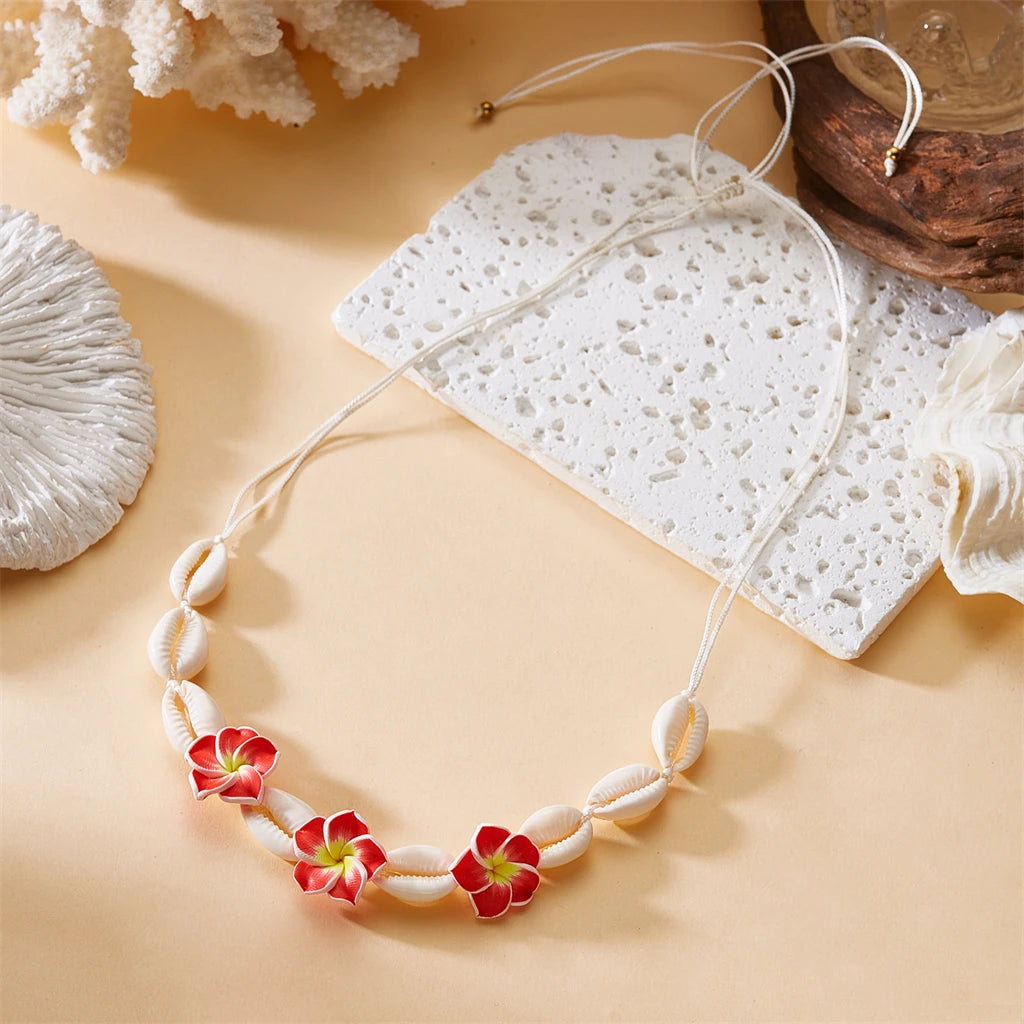 Bohemia Conch Beads Braided Necklaces For Women Pink Green Cute Little Daisy Flower Choker Hand Woven Summer Beach Party Jewelry