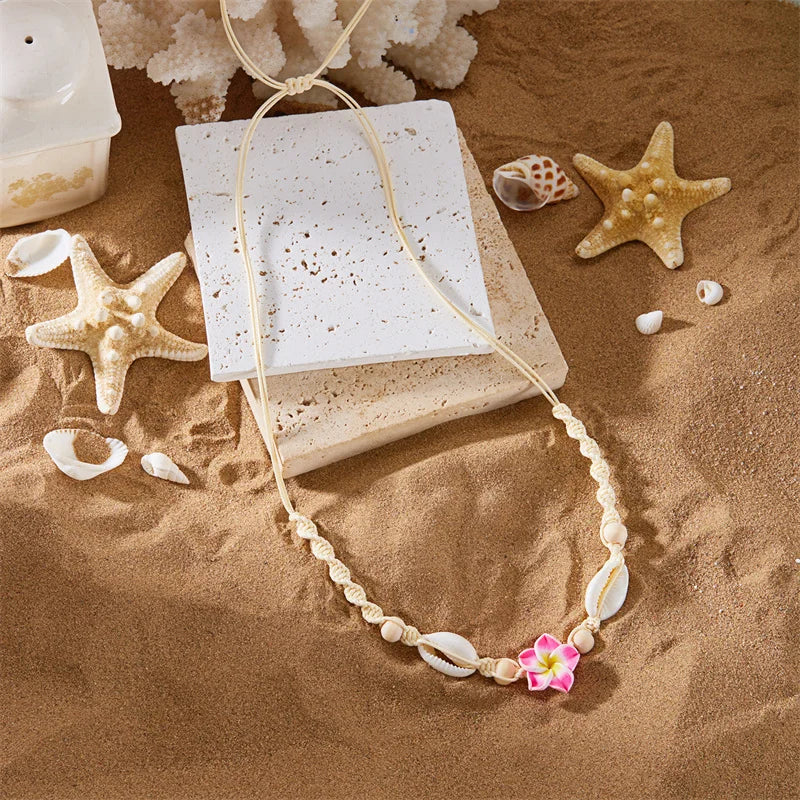 Bohemia Conch Beads Braided Necklaces For Women Pink Green Cute Little Daisy Flower Choker Hand Woven Summer Beach Party Jewelry