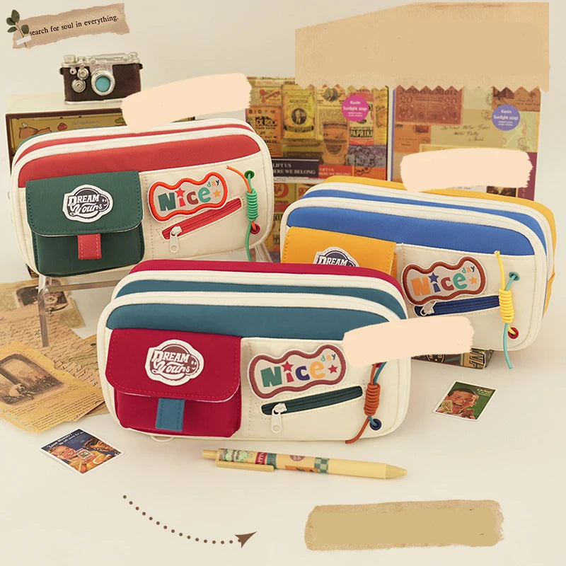 Back-To-School Supplies Fabric Student Tool Organizer Large-Capacity Pencil Case Minimalist Retro-Style Pencil Case For School