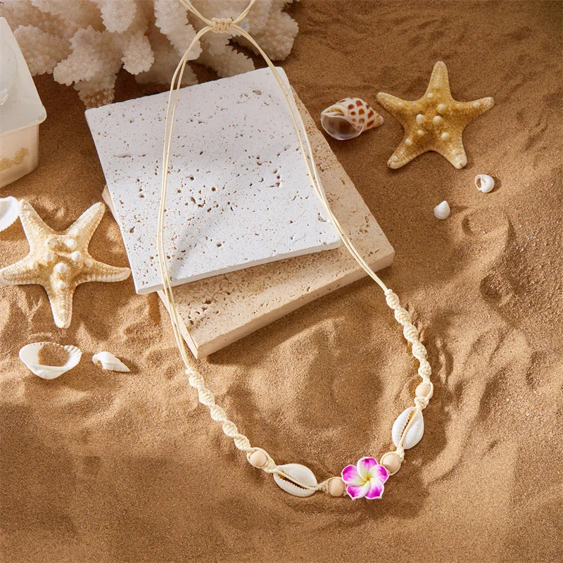 Bohemia Conch Beads Braided Necklaces For Women Pink Green Cute Little Daisy Flower Choker Hand Woven Summer Beach Party Jewelry
