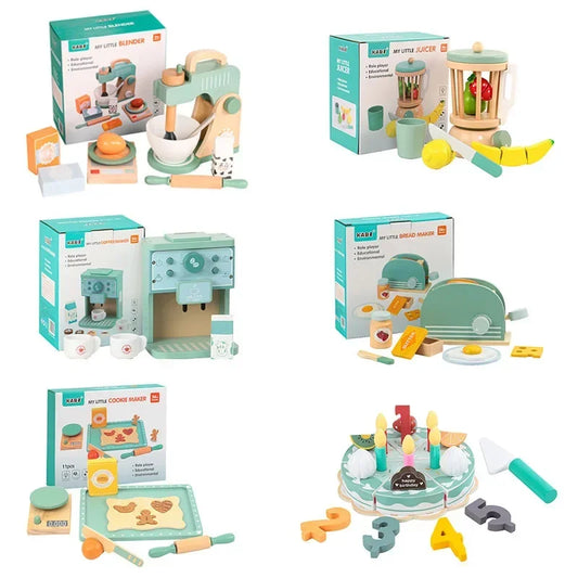 Kids Kitchen Toy Set Wooden Coffee Maker Set Simulation Cookie Maker Kit Pretend Play Educational Toys Gifts for Girls Boys NEW