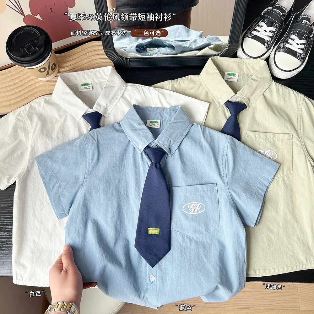 2025 Summer Girls Boys College Style Short Sleeve Blouse with Tie Three Colors