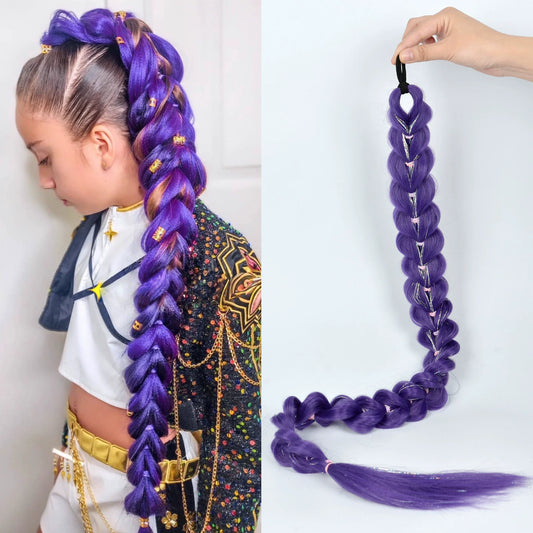 32" Extra-Long Synthetic Purple Braided Wig | Shimmering Metallic | Kids Christmas Costume Hairpiece - Rumi Collection