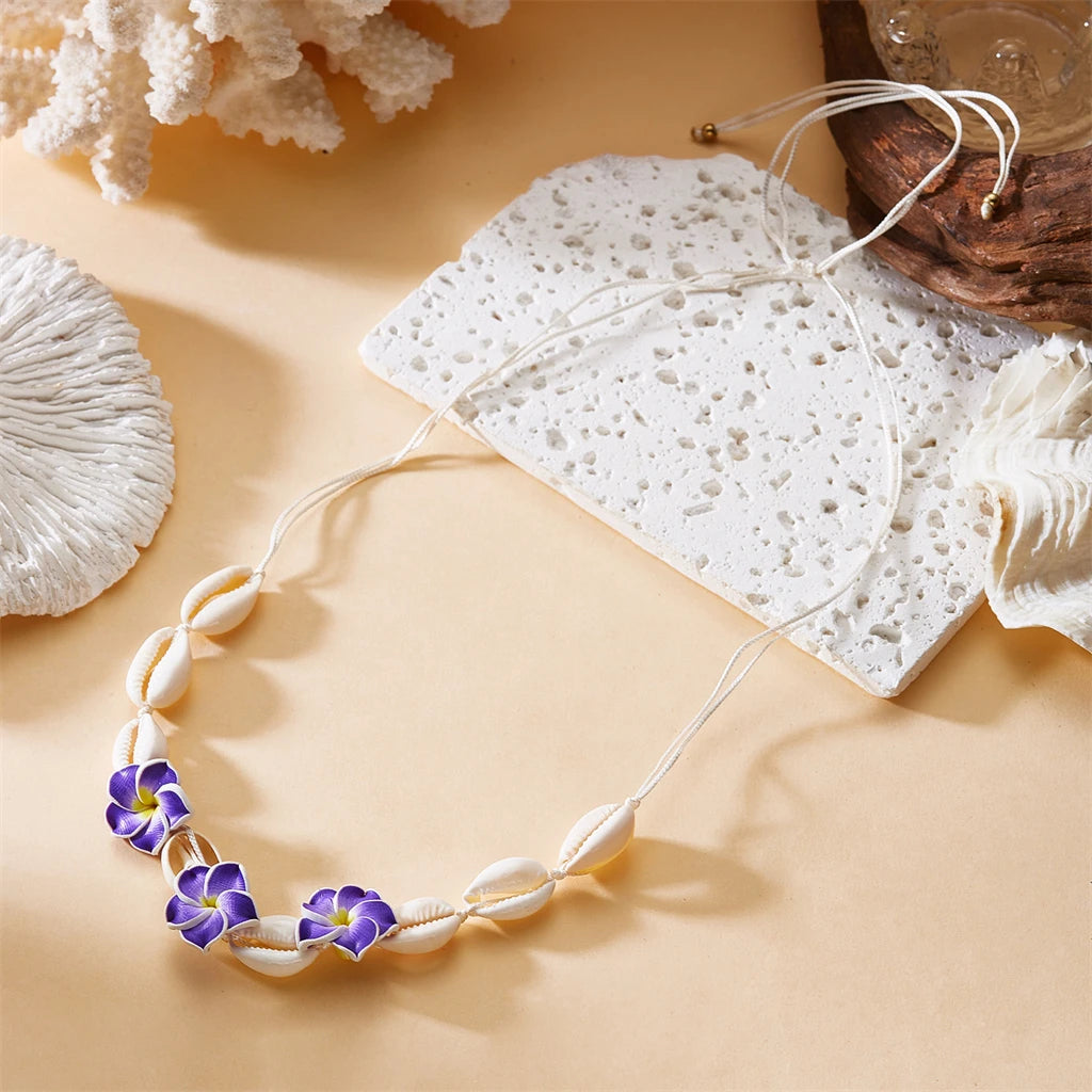 Bohemia Conch Beads Braided Necklaces For Women Pink Green Cute Little Daisy Flower Choker Hand Woven Summer Beach Party Jewelry