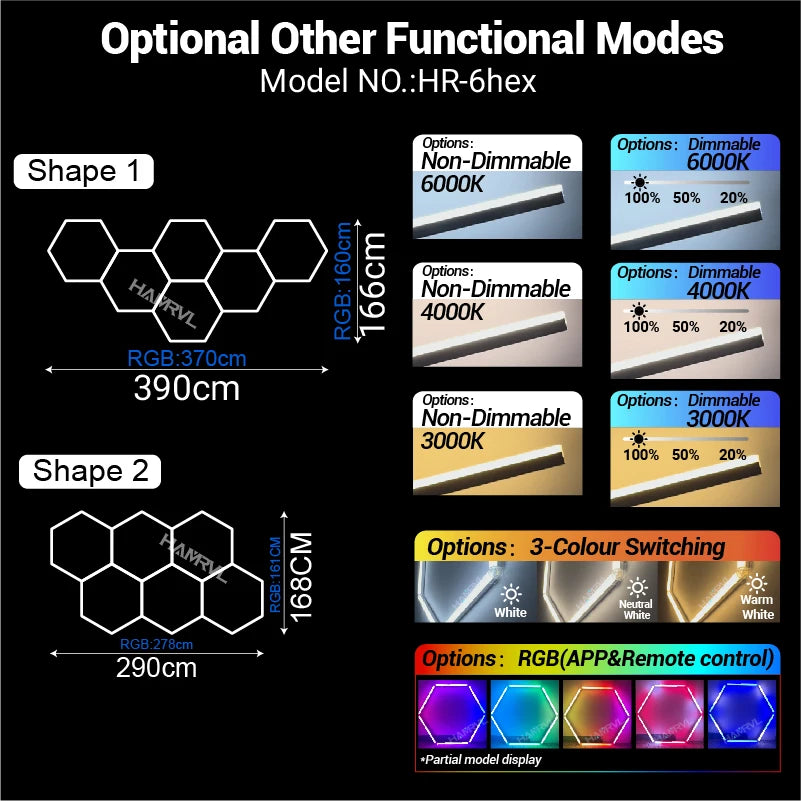 Garage Dimmable Hexagon LED Lighting RGB Color Change 3000-6000K Gym BarberShop Honeycomb Ceiling Lights Halloween Party Gaming