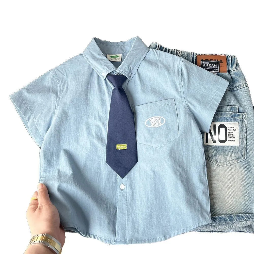2025 Summer Girls Boys College Style Short Sleeve Blouse with Tie Three Colors