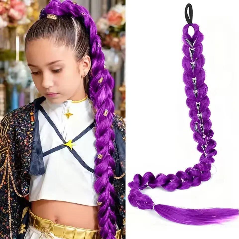 32" Extra-Long Synthetic Purple Braided Wig | Shimmering Metallic | Kids Christmas Costume Hairpiece - Rumi Collection