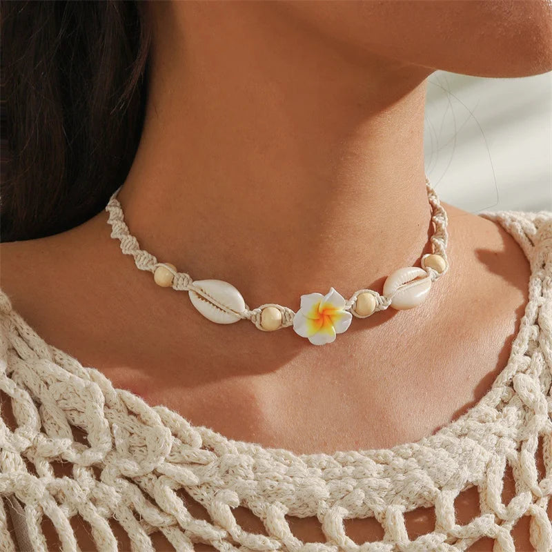 Bohemia Conch Beads Braided Necklaces For Women Pink Green Cute Little Daisy Flower Choker Hand Woven Summer Beach Party Jewelry