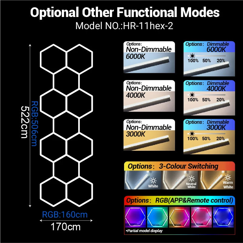 Garage Dimmable Hexagon LED Lighting RGB Color Change 3000-6000K Gym BarberShop Honeycomb Ceiling Lights Halloween Party Gaming