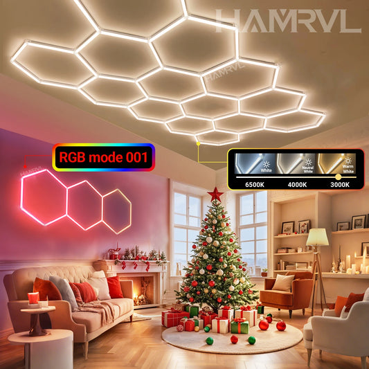 Garage Dimmable Hexagon LED Lighting RGB Color Change 3000-6000K Gym BarberShop Honeycomb Ceiling Lights Halloween Party Gaming