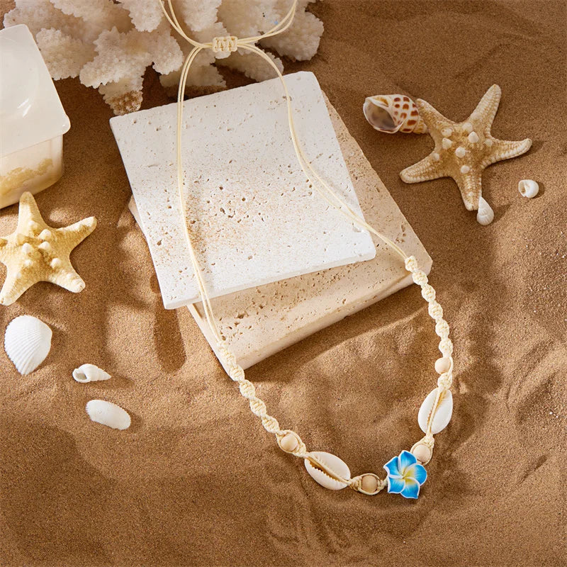 Bohemia Conch Beads Braided Necklaces For Women Pink Green Cute Little Daisy Flower Choker Hand Woven Summer Beach Party Jewelry