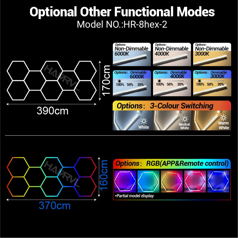Garage Dimmable Hexagon LED Lighting RGB Color Change 3000-6000K Gym BarberShop Honeycomb Ceiling Lights Halloween Party Gaming