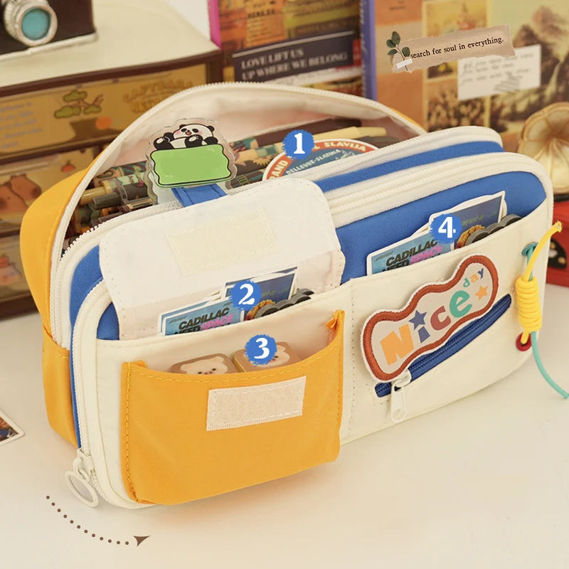 Back-To-School Supplies Fabric Student Tool Organizer Large-Capacity Pencil Case Minimalist Retro-Style Pencil Case For School