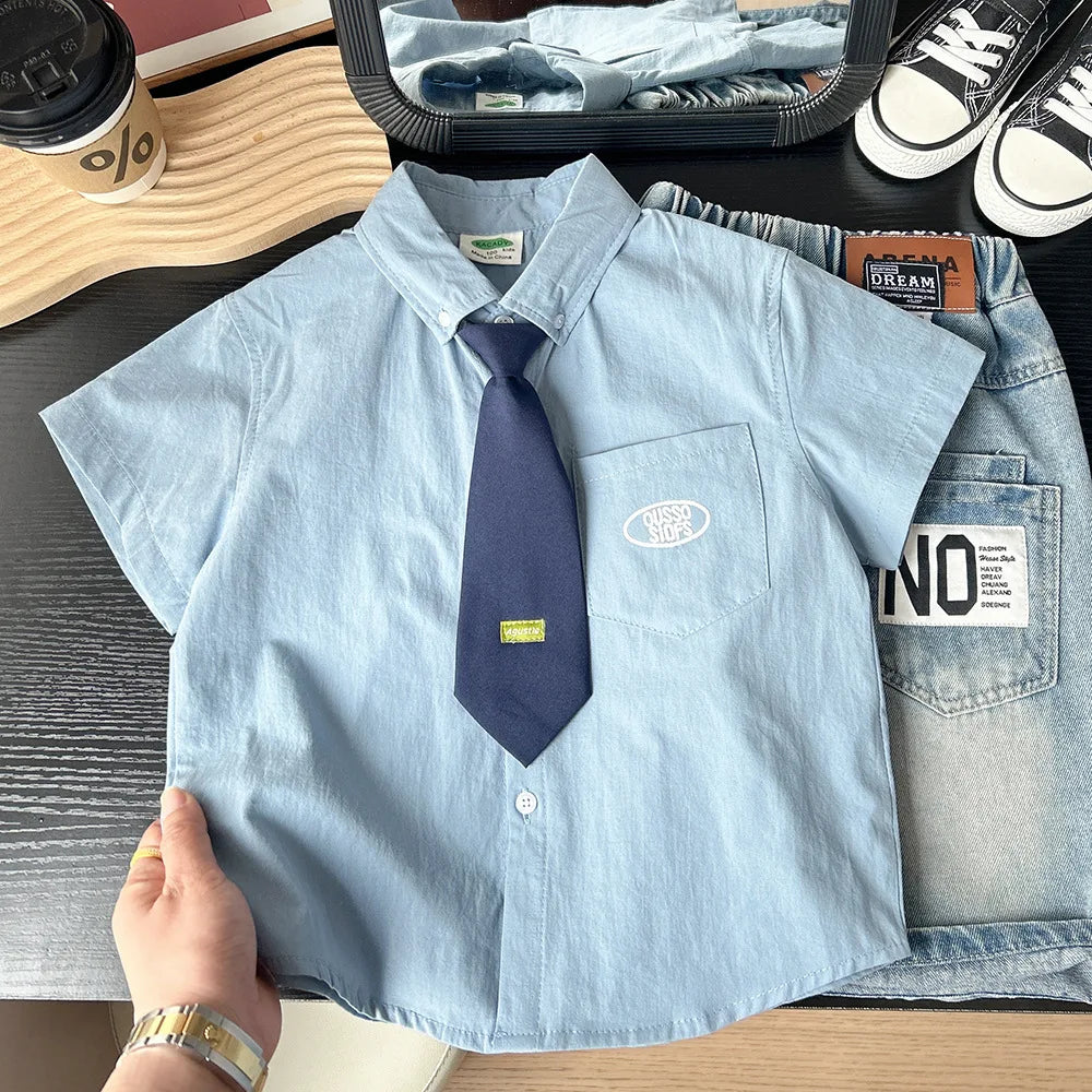 2025 Summer Girls Boys College Style Short Sleeve Blouse with Tie Three Colors