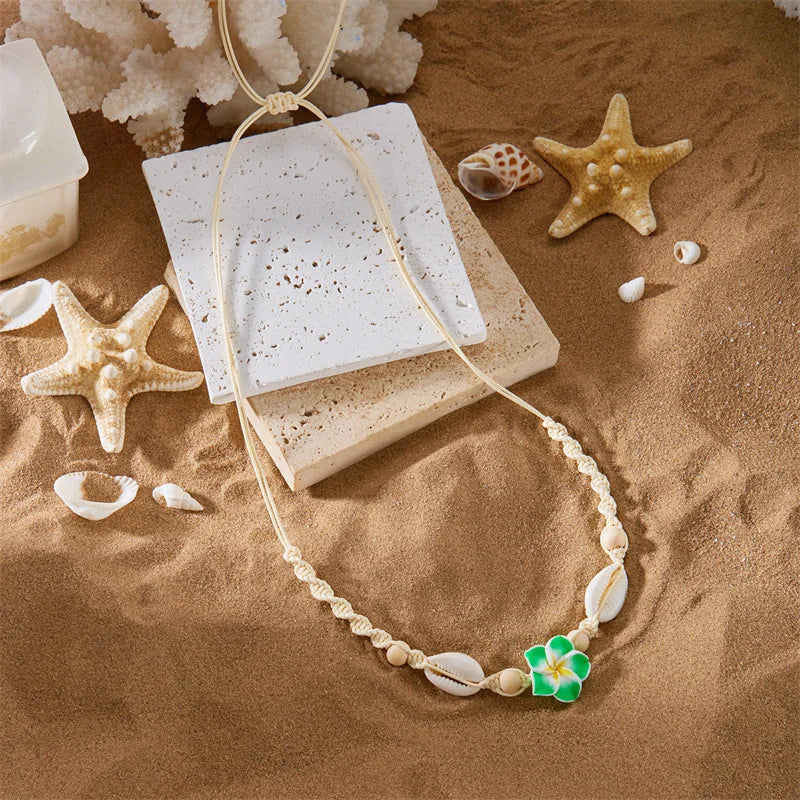 Bohemia Conch Beads Braided Necklaces For Women Pink Green Cute Little Daisy Flower Choker Hand Woven Summer Beach Party Jewelry