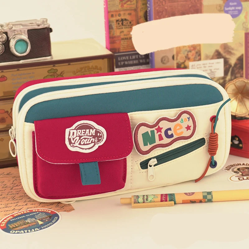 Back-To-School Supplies Fabric Student Tool Organizer Large-Capacity Pencil Case Minimalist Retro-Style Pencil Case For School