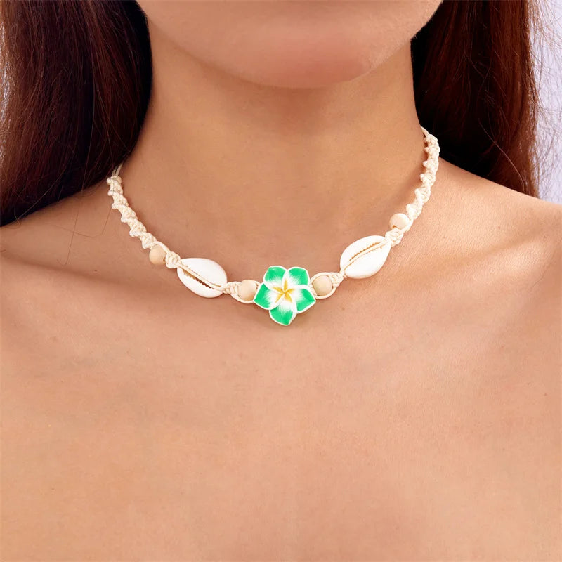 Bohemia Conch Beads Braided Necklaces For Women Pink Green Cute Little Daisy Flower Choker Hand Woven Summer Beach Party Jewelry