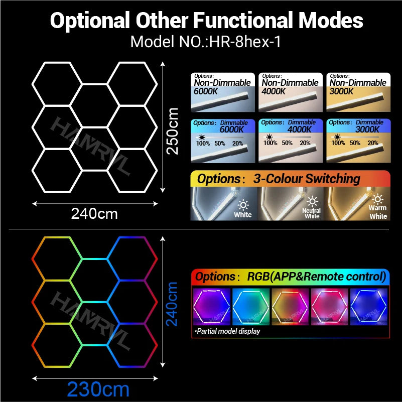 Garage Dimmable Hexagon LED Lighting RGB Color Change 3000-6000K Gym BarberShop Honeycomb Ceiling Lights Halloween Party Gaming
