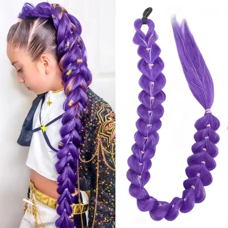32" Extra-Long Synthetic Purple Braided Wig | Shimmering Metallic | Kids Christmas Costume Hairpiece - Rumi Collection