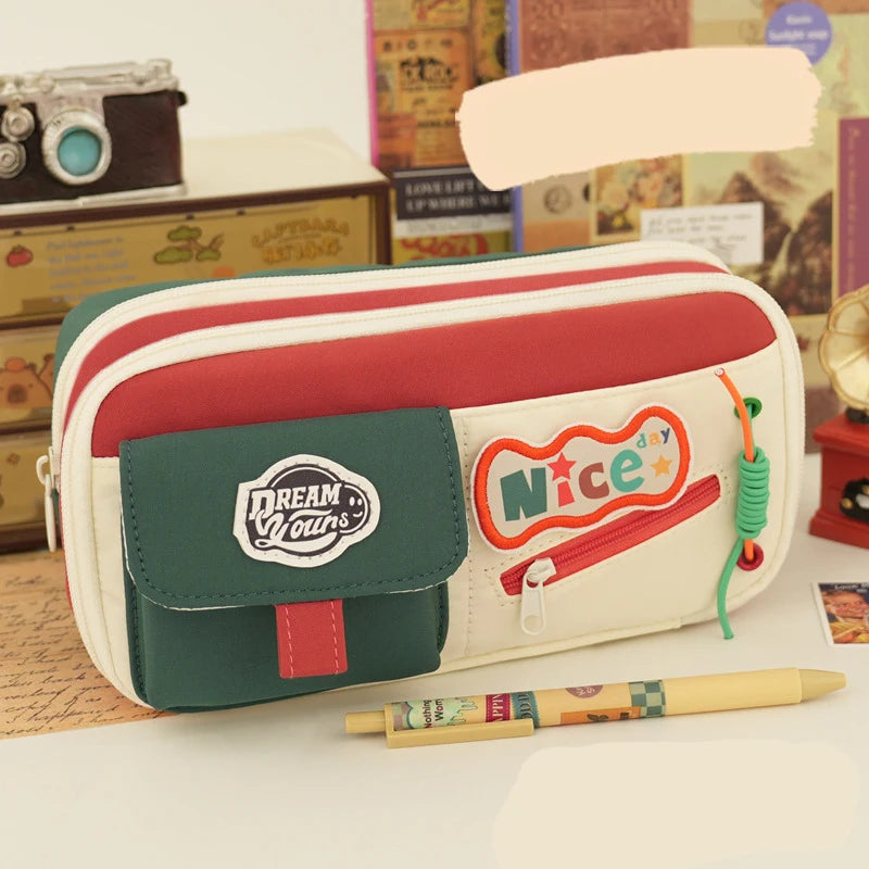 Back-To-School Supplies Fabric Student Tool Organizer Large-Capacity Pencil Case Minimalist Retro-Style Pencil Case For School
