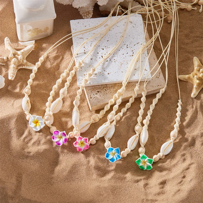 Bohemia Conch Beads Braided Necklaces For Women Pink Green Cute Little Daisy Flower Choker Hand Woven Summer Beach Party Jewelry