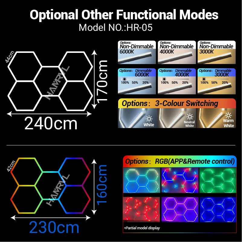 Garage Dimmable Hexagon LED Lighting RGB Color Change 3000-6000K Gym BarberShop Honeycomb Ceiling Lights Halloween Party Gaming