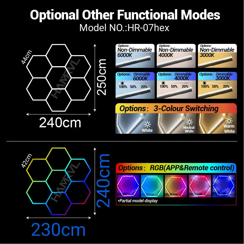 Garage Dimmable Hexagon LED Lighting RGB Color Change 3000-6000K Gym BarberShop Honeycomb Ceiling Lights Halloween Party Gaming
