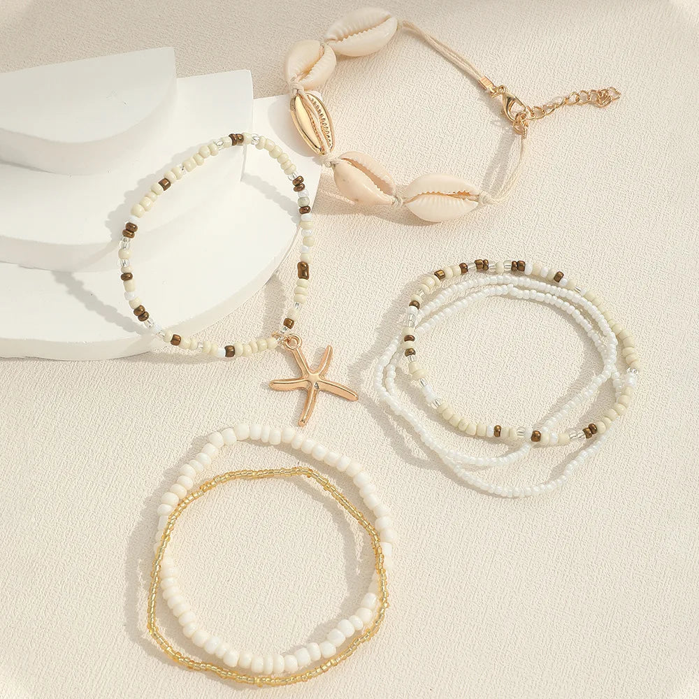 7 PCS Beach Style Shell Charms Rope Bracelet Seed Bead Strand Bracelet For Women Ocean Summer Stackable Bracelets