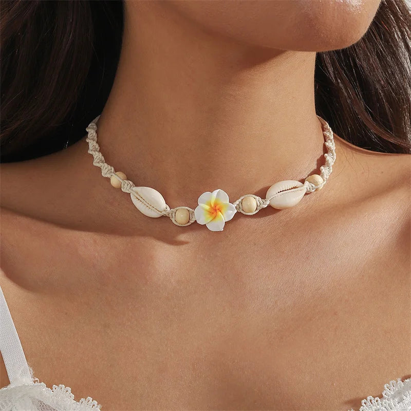Bohemia Conch Beads Braided Necklaces For Women Pink Green Cute Little Daisy Flower Choker Hand Woven Summer Beach Party Jewelry
