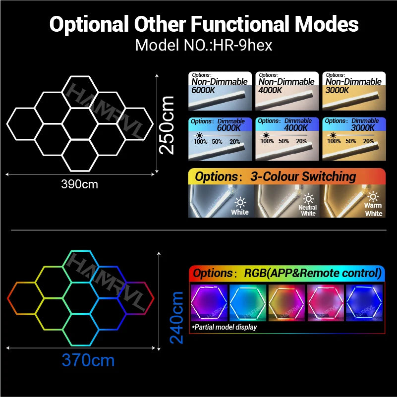 Garage Dimmable Hexagon LED Lighting RGB Color Change 3000-6000K Gym BarberShop Honeycomb Ceiling Lights Halloween Party Gaming