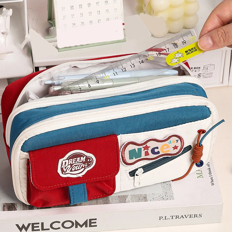 Back-To-School Supplies Fabric Student Tool Organizer Large-Capacity Pencil Case Minimalist Retro-Style Pencil Case For School