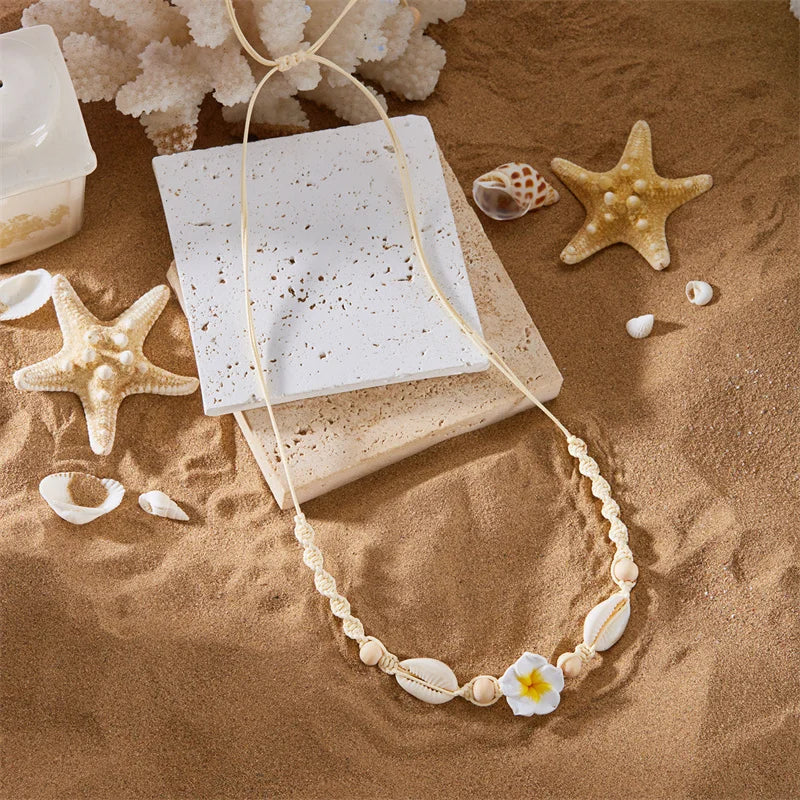 Bohemia Conch Beads Braided Necklaces For Women Pink Green Cute Little Daisy Flower Choker Hand Woven Summer Beach Party Jewelry