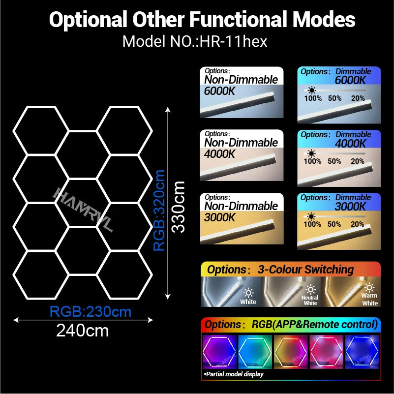 Garage Dimmable Hexagon LED Lighting RGB Color Change 3000-6000K Gym BarberShop Honeycomb Ceiling Lights Halloween Party Gaming