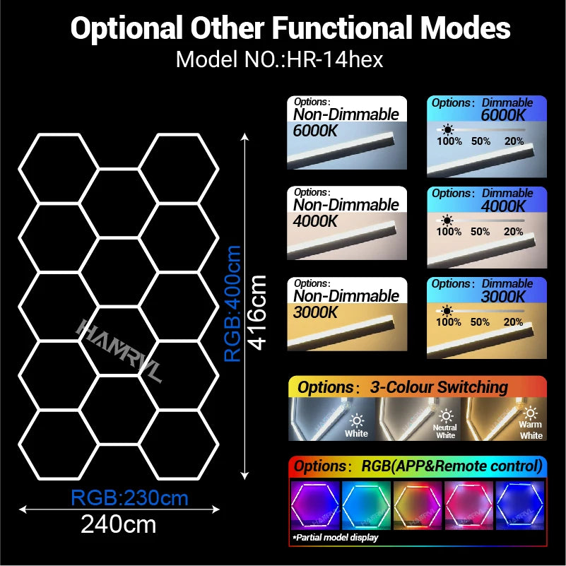 Garage Dimmable Hexagon LED Lighting RGB Color Change 3000-6000K Gym BarberShop Honeycomb Ceiling Lights Halloween Party Gaming