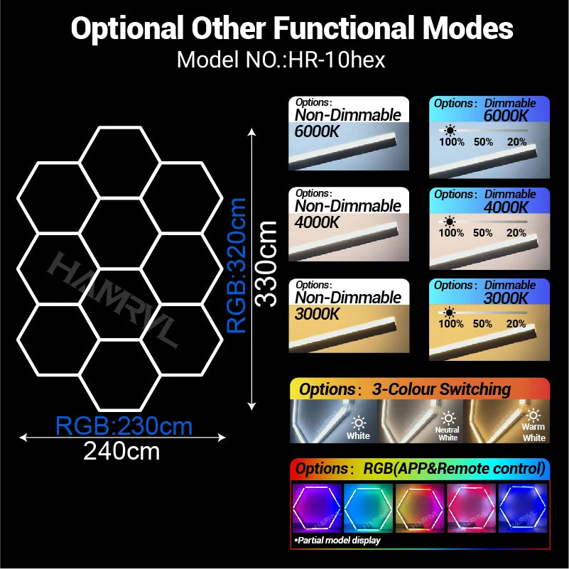 Garage Dimmable Hexagon LED Lighting RGB Color Change 3000-6000K Gym BarberShop Honeycomb Ceiling Lights Halloween Party Gaming