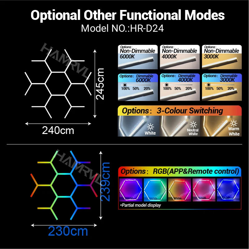 Garage Dimmable Hexagon LED Lighting RGB Color Change 3000-6000K Gym BarberShop Honeycomb Ceiling Lights Halloween Party Gaming