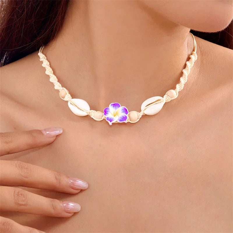 Bohemia Conch Beads Braided Necklaces For Women Pink Green Cute Little Daisy Flower Choker Hand Woven Summer Beach Party Jewelry